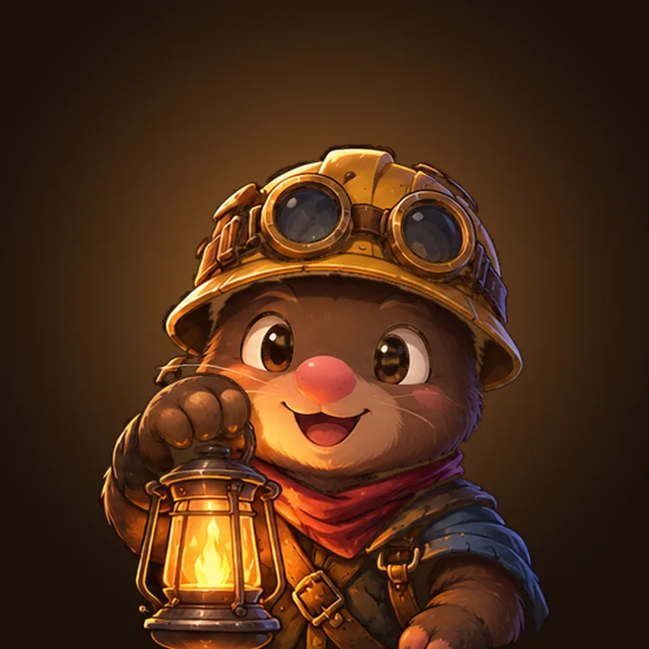 Moggles, a young mole in a mining helmet with goggles, holding a lantern