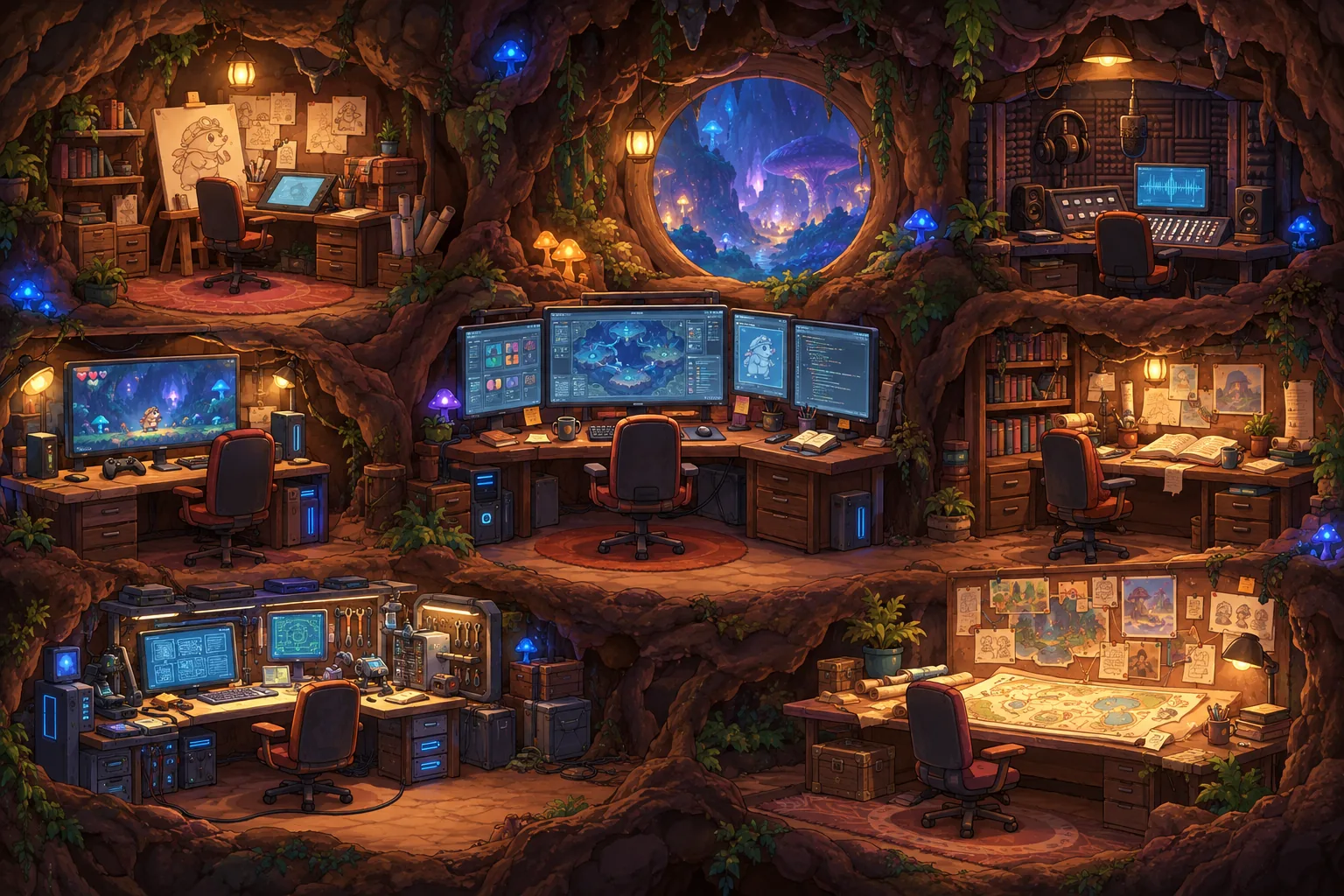 Mole Studio: art, code, sound and map desks inside a cosy root-lined burrow